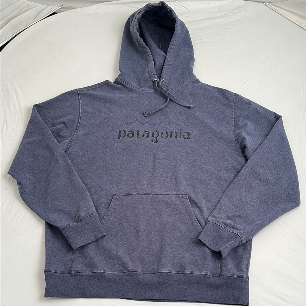 Patagonia heather blue black logo front pocket drawstring hoodie